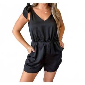 NEW KLD. SIGNATURE tie shoulder romper in black